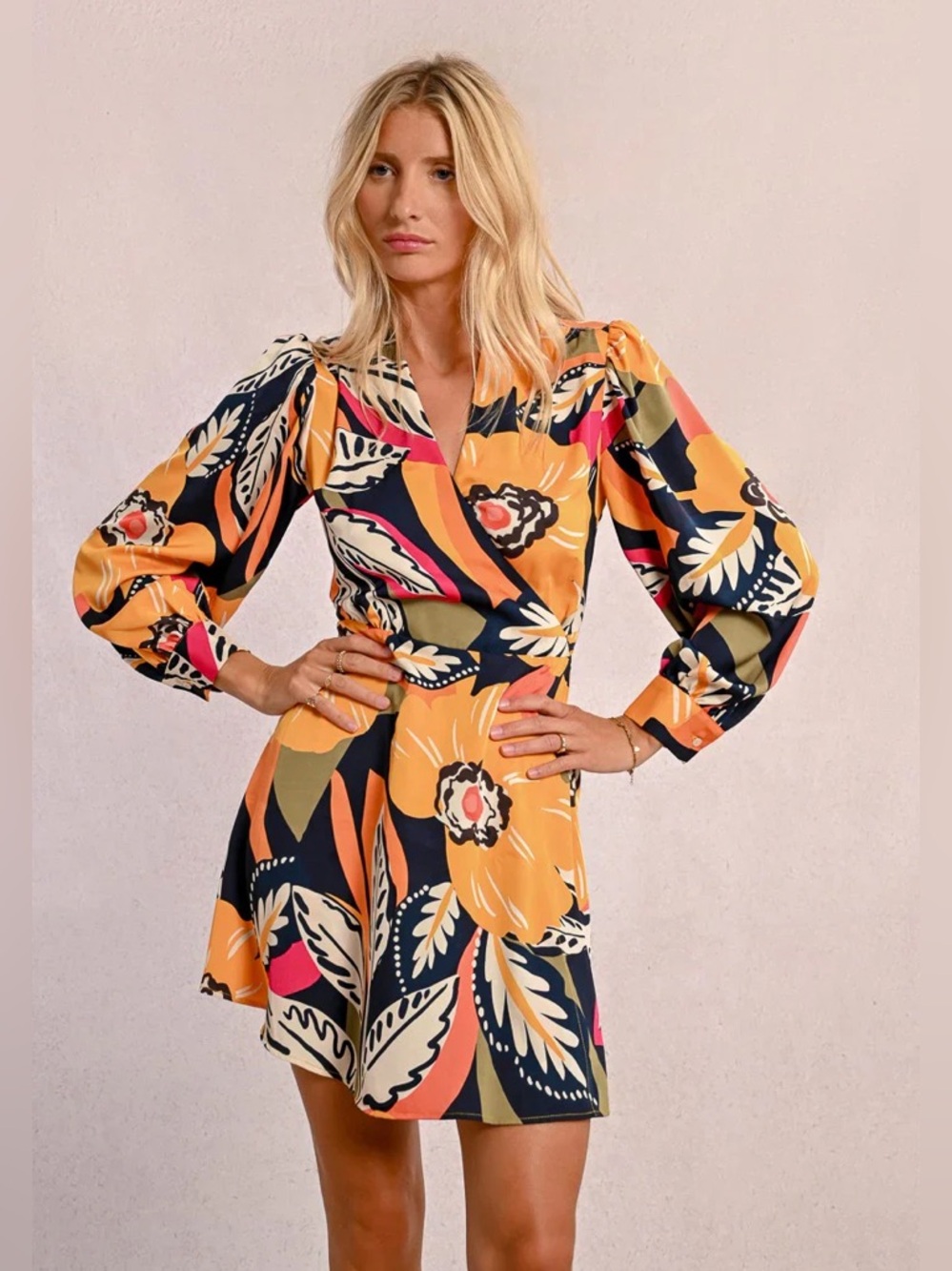 Floral Wrap Mini Dress in Mango and black
